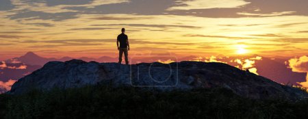 Photo for Adventure Man on top of Rocky Mountain Peak. Nature Landscape dramatic Sunset. 3d Rendering - Royalty Free Image