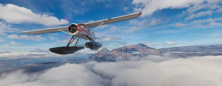 Photo for Airplane flying over mountains, lakes, and clouds. Sunny Day. 3d Rendering. - Royalty Free Image