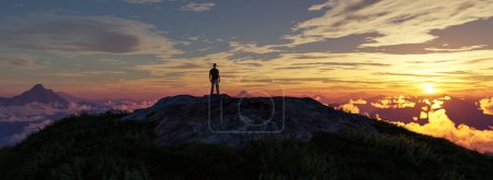 Téléchargez les photos : Aventure Homme au sommet de Rocky Mountain Peak. Nature Paysage spectaculaire Coucher de soleil. Rendu 3d - en image libre de droit