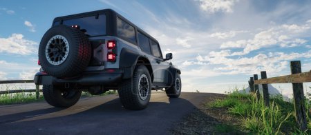 Téléchargez les photos : Ford Bronco Raptor sur une route avec paysage montagneux rocheux en arrière-plan. Rendu 3d. - en image libre de droit