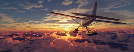 Photo for Airplane flying over mountains, lakes, and clouds. Dramatic sunset sky. 3d Rendering. - Royalty Free Image