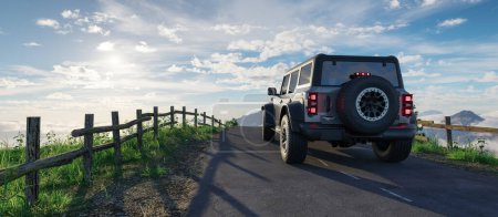 Photo for Ford Bronco Raptor on a road with rocky mountain landscape in background. 3d Rendering. - Royalty Free Image
