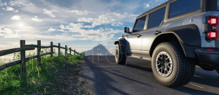 Téléchargez les photos : Ford Bronco Raptor sur une route avec paysage montagneux rocheux en arrière-plan. Rendu 3d. - en image libre de droit