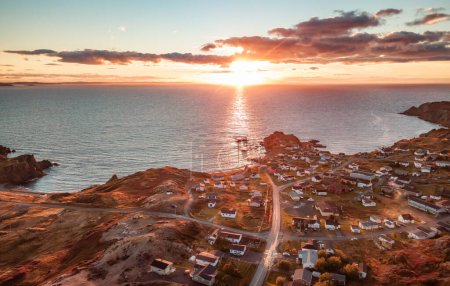 Photo for Small Town, Coast on East Coast of Atlantic Ocean. Aerial Nature Background. Sunset. Newfoundland, Canada. - Royalty Free Image