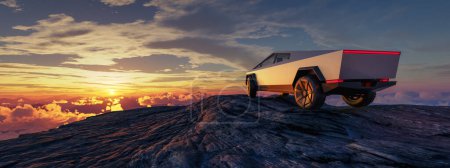 Photo for Tesla Cybertruck on a Rocky Mountain Top. Aerial landscape in Background. 3D rendering, Adventure Composite. - Royalty Free Image