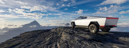Foto de Tesla Cybertruck on a Rocky Mountain Top. Paisaje aéreo en segundo plano. Representación 3D, compuesto de aventura. - Imagen libre de derechos