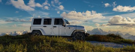 Téléchargez les photos : Jeep sur route de terre avec paysage de montagne en arrière-plan. Rendu 3d. - en image libre de droit