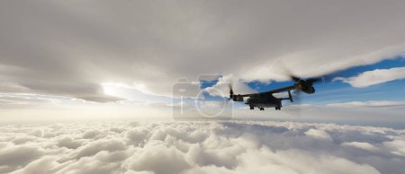 Téléchargez les photos : Avion militaire survolant les nuages. Rendu 3d. - en image libre de droit
