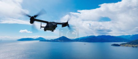 Téléchargez les photos : Avion militaire survolant le paysage montagneux. 3d Rendu. Contexte de la C.-B., Canada. - en image libre de droit