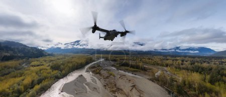Foto de Aviones militares sobrevolando el paisaje montañoso. Representación 3d. Antecedentes de BC, Canadá. - Imagen libre de derechos