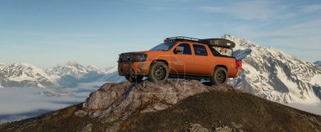 Téléchargez les photos : Chevrolet Avalanche sur un rocher avec fond de paysage de montagne. Rendu 3d. - en image libre de droit