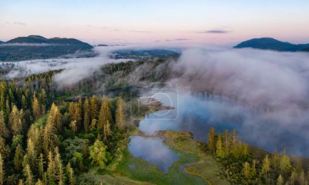 Téléchargez les photos : Vue aérienne de la nature canadienne sur la côte ouest de l'océan Pacifique. Sunny Cloudy Sunrise. Île de Vancouver, C.-B., Canada. - en image libre de droit