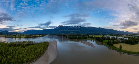 Aerial panorama of Canadian Mountain Landscape in Valley. Sunny Day.Fraser Valley, BC, Canada.