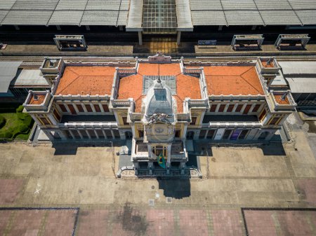 Photo for Beautiful drone view to historic train central station yellow building in Belo Horizonte, Minas Gerais, Brazil - Royalty Free Image