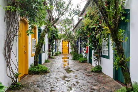 Beautiful old historic colonial houses and street in Paraty, Rio de Janeiro, Brazil