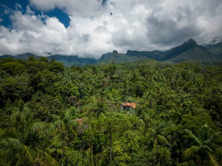 Téléchargez les photos : Belle vue aérienne sur la maison de montagne sur la zone verte de la forêt tropicale atlantique, Serrinha do Alambari, Rio de Janeiro, Brésil - en image libre de droit