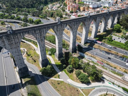 Photo for Beautiful aerial view to old historic aqueduct in central Lisbon, Portugal - Royalty Free Image