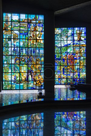 Photo for Beautiful view to colorful stained glass work inside modern architecture building in Braslia,capital city of Brazil - Royalty Free Image