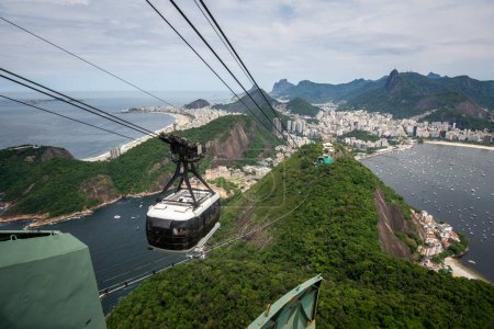 Foto de Hermosa vista desde el teleférico Sugar Loaf a las verdes montañas de la selva tropical, el océano y la ciudad en Río de Janeiro, Brasil - Imagen libre de derechos