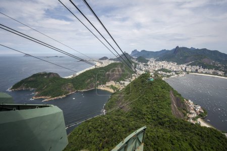 Photo for Beautiful view from Sugar Loaf cable car to green rainforest mountains, ocean and city in Rio de Janeiro, Brazil - Royalty Free Image
