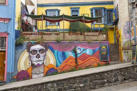 Téléchargez les photos : Belle vue sur le graffiti coloré street art sur le côté de l'immeuble à Valparaiso, Chili - en image libre de droit