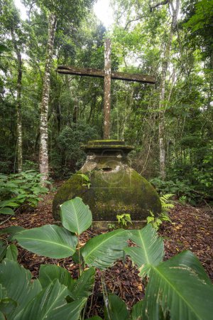 Téléchargez les photos : Vue sur le vieux monument historique en croix dans la forêt tropicale verte, Parc national de Tijuca, Rio de Janeiro, Brésil - en image libre de droit
