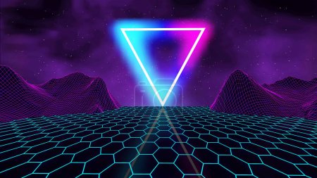 Retro futuristic background for game. Music 3d dance galaxy poster. 80s background disco. Neon triangle synthwave digital wireframe landscape with palms.