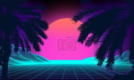 Illustration for 3d sunset on the beach. Retro palms vector sci fi background. Digital landscape cyber surface. - Royalty Free Image