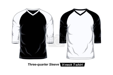 Ilustración de Plantilla de camiseta Raglan de manga tres cuartos con cuello en V, blanco y negro - Imagen libre de derechos