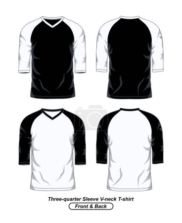 Ilustración de Plantilla de camiseta Raglan de cuello en V de manga tres cuartos, delantera y trasera, blanco y negro - Imagen libre de derechos