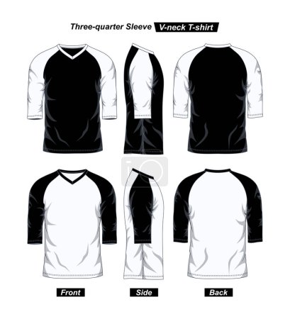 Ilustración de Plantilla de camiseta Raglan de manga tres cuartos con cuello en V, parte delantera y trasera, color blanco y negro - Imagen libre de derechos