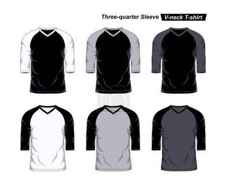 Ilustración de Plantilla de camiseta de manga tres cuartos con cuello en V de Raglan, colores negro, blanco y gris - Imagen libre de derechos