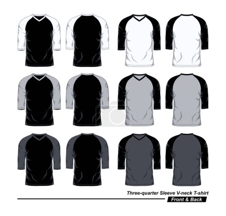 Ilustración de Plantilla de camiseta Raglan de cuello en V con manga de tres cuartos, vista frontal y trasera, colores negro, blanco y gris - Imagen libre de derechos