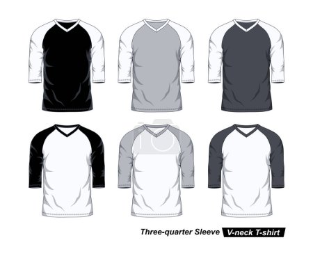 Ilustración de Plantilla de camiseta Raglan de cuello en V con manga de tres cuartos, colores negro, blanco y gris - Imagen libre de derechos