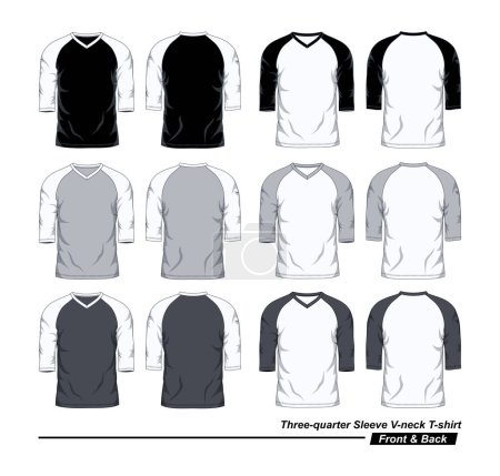 Ilustración de Plantilla de camiseta Raglan de cuello en V de manga tres cuartos, delantera y trasera, negra, blanca y gris - Imagen libre de derechos
