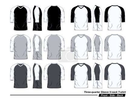 Ilustración de V-Neck Three Quarter Sleeve Raglan T-Shirt Template, Black White And Gray Colors, Front Side Back View - Imagen libre de derechos