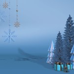 Christmas background. Xmas pine fir lush tree. Conical Abstract Gold Christmas Trees. Snowflakes hanging on ribbon. Bright Winter holiday composition. Greeting card, banner, poster. 3D rendering