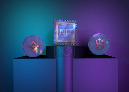 Non-fungible NFT token, crypto art in 3D rendering illustration. Platform with NFT bitcoin and dollar. Virtual art and galleries using NFT blockchain technology concept, non-fungible token, crypto art in 3D rendering.