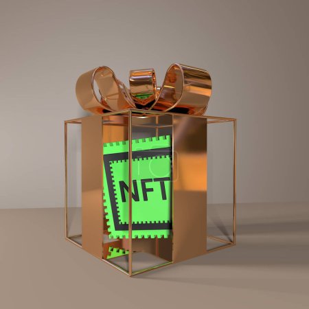 Foto de Bonificación NFT. Regalo NFT en una caja de regalo. renderizado 3d - Imagen libre de derechos