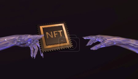 Foto de Transferencia de NFT de mano a mano. NFT, metaverso, criptografía, blockchain, ciberseguridad de Internet. Renderizado 3D - Imagen libre de derechos
