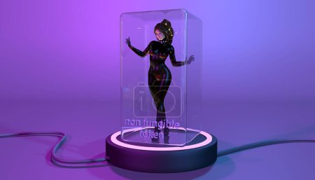 3d rendering illustration of non-fungible crypto art NFT token on isolated background, based on blockchain technology, disruptive monetization of collectibles market