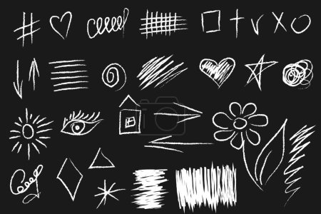 Illustration for Set of doodle crosses, different checks, hearts, circles and swirls. Hand-drawn geometric shapes. Abstract sketch symbols. Vector illustration. - Royalty Free Image