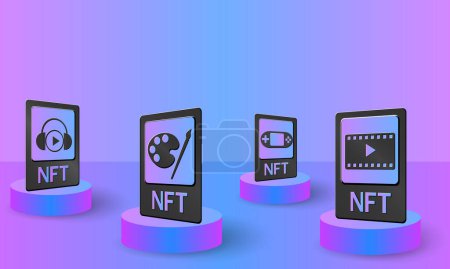 NFT, concept vector illustration of non-fungible tokens. NFT card on podium for banner, poster, website, landing page, advertisement. EPS 10
