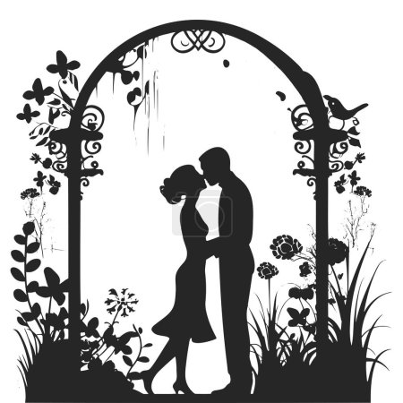 Ilustración de Siluetas en blanco y negro de un novio y una novia tomados de la mano y de pie bajo un arco
. - Imagen libre de derechos