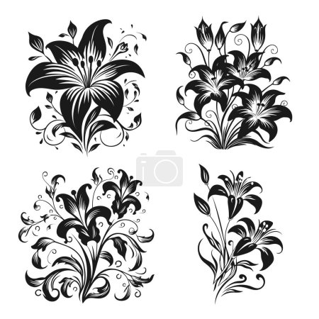 Illustration for Vector set of black silhouettes of lily flowers isolated on a white background. EPS 10 - Royalty Free Image