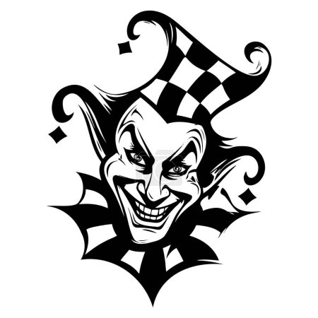 Un icono negro del comodín, en una ilustración vectorial aislada en blanco, encarna la naturaleza lúdica y divertida del payaso. Con su diseño caprichoso y arte de línea. Poker estilo casino. EPS 10