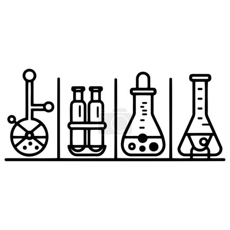Une illustration monochrome avec une rangée de flacons chimiques disposés soigneusement sur une surface de table, capturant une composition minimaliste mais détaillée
