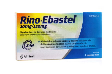 Photo for Huelva, Spain - December 24, 2022: Spanish Rino-Ebastel box. It is a combination of 2 active ingredients, ebastine and pseudoephedrine. It is an antihistamine (antiallergic) and a nasal decongestant - Royalty Free Image