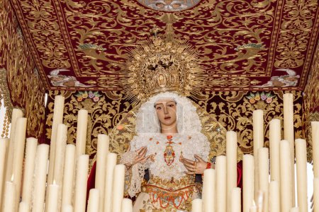 Photo for Holy week passage of Holy Mary of the Rosary in her Sorrowful Mysteries, Maria Santisima del Rosario en sus Misterios Dolorosos in procession through the streets of Huelva, Andalusia, Spain - Royalty Free Image