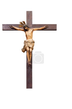 Jesus Christus am Kreuz isoliert auf weißem Hintergrund mit Platz für Text
